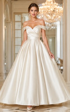 Schulterfreies, plissiertes Satin-Ballkleid, bodenlang, luxuriöses Brautkleid