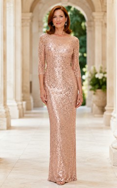 Rose Gold Modest Bateau Sequin Sheath Floor-Length Mother of the Bride Gown with Three-Quarter Sleeves