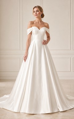 Vestido de novia de satén, corte A, sin hombros, largo hasta el suelo, con escote en V bajo en la espalda.