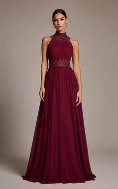 Burgundy Lace Bodice Chiffon A-Line Formal Dress