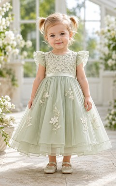 Sage Flower Girl Dress Tea-Length A-Line Floral Lace Ruffle Sleeve Tulle Button Back Bow