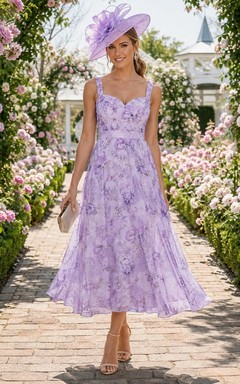 Lavender Floral Chiffon V-neck Sleeveless A-Line Midi Dress