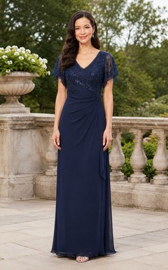 A-Line Lace Mother of the Bride Dress with V-neck, Short Sleeve and Lace Ruching, Floor Length