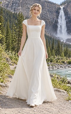 Vestido de novia sencillo de crepé con escote cuadrado, mangas cortas, cintura ajustada y falda en línea A.