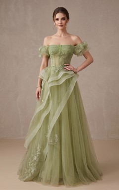 Mint Green Asymmetrical Tulle Gown with Embroidery