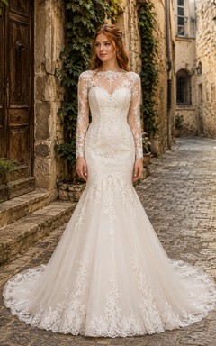 Modest Lace Tulle Wedding Dress Mermaid Jewel Neck Long Sleeve Chapel Train Bridal Gown