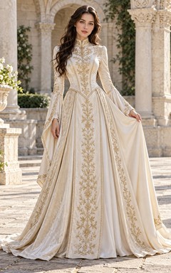 Vintage Medieval High Neck Long Sleeve Embroidered Satin Wedding Dress