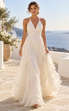Boho Halter V-neck Tiered Lace Chiffon A-line Wedding Dress