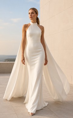 Neckholder-Brautkleid aus Satin mit Watteau-Cape-Einsätzen