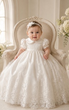 Baby Baptism Christening Ceremony Gown A-Line Floor-Length Scoop Neck Puff Sleeve Tulle Lace Button Back