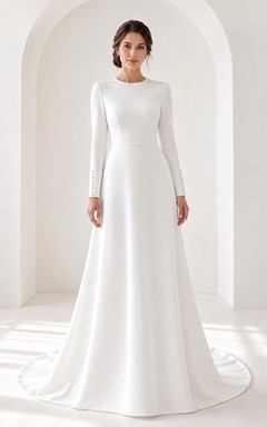 Vestido de novia religioso sencillo y modesto de manga larga, estilo estudio.