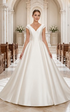 Robe de mariée minimaliste en satin, robe de bal, col en V, sans manches, traîne.