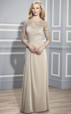 Abendkleid aus Chiffon mit U-Boot-Ausschnitt, Applikationen und halben Ärmeln