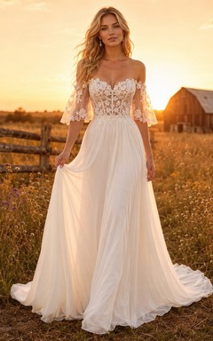 Robe de mariée champêtre en tulle, coupe trapèze, épaules dénudées, manches bouffantes, traîne chapelle, dos corset lacé