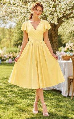 Pastel Yellow Flutter Sleeve V Neck A Line Midi Dress
