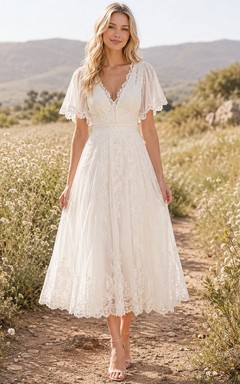 Boho-Brautkleid mit flatternden Ärmeln und Wiesenmuster, wadenlang