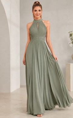 Sage High Neck Sleeveless Chiffon A-Line Gown Classic