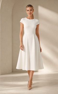 White Clean Jewel-Neck A-Line Tea-Length Short-Sleeve Simple Guest Dress