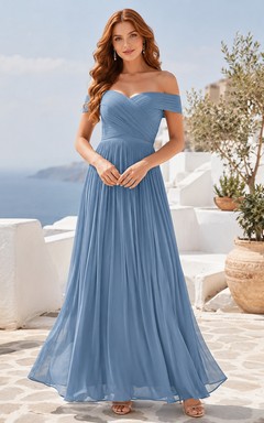 Steel Blue Off Shoulder Pleated Chiffon Guest Dress