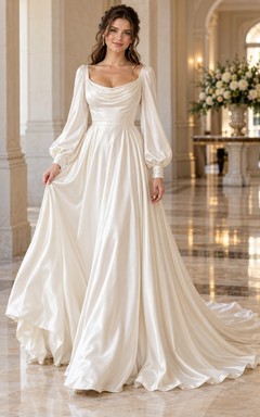 Long Poet Sleeve Cowl Neck Satin A-Line Bridal Wedding Dress
