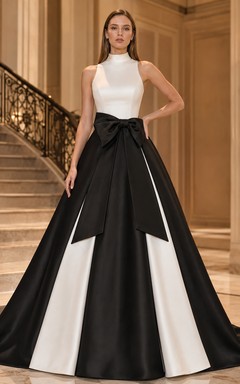 Modern Sleeveless Floor-length Satin Black White Panel Ball Gown Dress