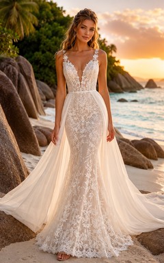 Robe de mariée sirène de luxe en dentelle florale à bretelles plongeantes et jupe surjupe, idéale pour une destination romantique.