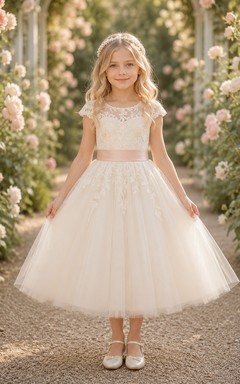 Bow Back Tulle A-Line Flower Girl Dress with Jewel Neck and Tea-Length Skirt