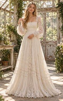 Vintage Square Neck Long Sleeve Panel Lace A-line Wedding Dress