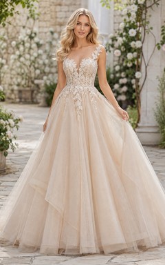 Distinctive Champagne Tulle V-Neck Sleeveless Ball Gown Floor Length Evening Dress