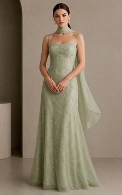 Sage Green Square Neck Lace A-Line Sweep Train Formal Dress