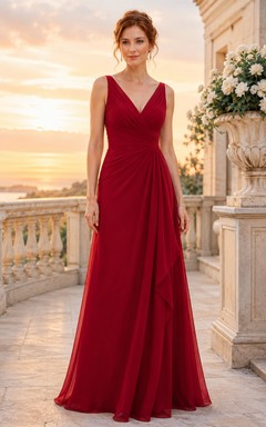 Evening Gown Red Chiffon A-Line V-Neck Sleeveless Sweep Train