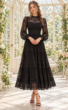 Boho Black High Neck Long Lace Sleeve Midi Guest Dress