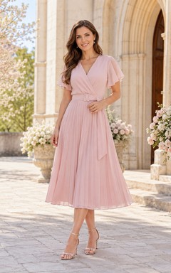 Romantic Blush Chiffon Mother Tea Length Wrap V Neck Flutter Sleeve Dress