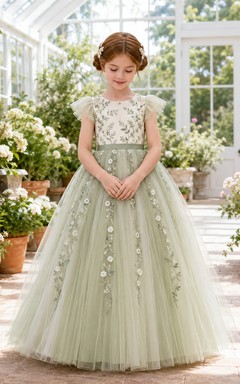 Flower Girl Dress A-Line Celadon Custom Size Lace Tulle Garden