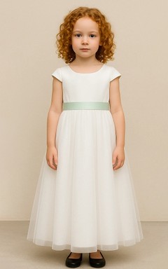 Scoop-neck Cap White Ankle-length Flowergirl Dress