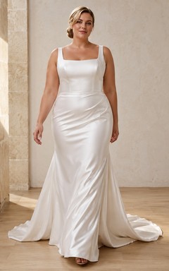 Plus Size Minimalist Square Neck Sleeveless Satin Sheath Court Train Wedding Dress