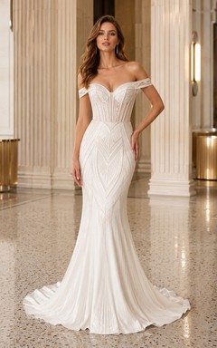 Vestido de novia blanco moderno estilo sirena con lentejuelas y abalorios, escote Bardot