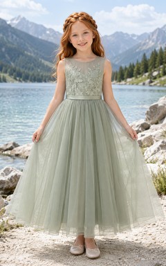 A-Line Flowergirl Sage Tulle Floor-Length Sleeveless Mountain Wedding Dress