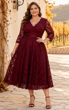 Burgundy V Neck Three Quarter Sleeve Lace Tea Plus Size Guest Dress