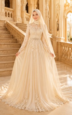 Modest Muslim Champagne Palace Lace Bridal Ball Gown