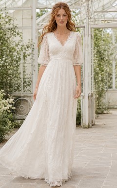 Elegant Chiffon Lace Deep V Three Quarter Sleeve A-Line Sweep Train Bodice Estate Wedding Dress