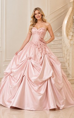 Blush Luxury Strapless Sweetheart Rosette Draped Satin Quinceanera Princess Ball Gown
