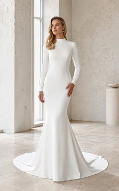 Minimalist High Neck Long Sleeve Mermaid Keyhole Back Sweep Train Wedding Dress