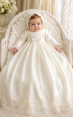 Round Neck Christening Gown A-Line Satin Lace Long Sleeve Floor-Length