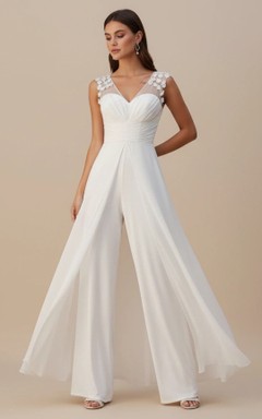 Romantic V-Neck Bridal Jumpsuit with Floral Shoulder Appliqués & Ruched Bodice