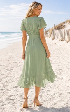 Brautkleid „Sage Beach“ für Hochzeitsgäste, A-Linie, Chiffon, V-Ausschnitt, kurze Ärmel, knöchellang, asymmetrischer Saum
