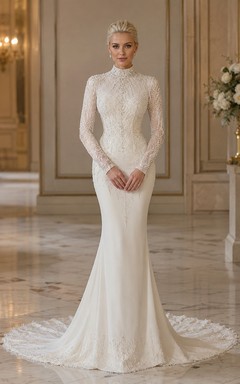 Robe de mariée sirène modeste à manches longues et col montant en dentelle illusion