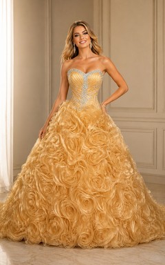 Vestido largo de organza con escote corazón, bordado floral, cola de cepillo, cremallera y cordones en la espalda.
