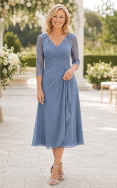 Steel Blue V Neck Lace Sleeve Midi Guest Dress