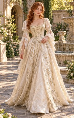 Vintage Renaissance Square Neck Puff Sleeve Embroidered Bridal Wedding Dress